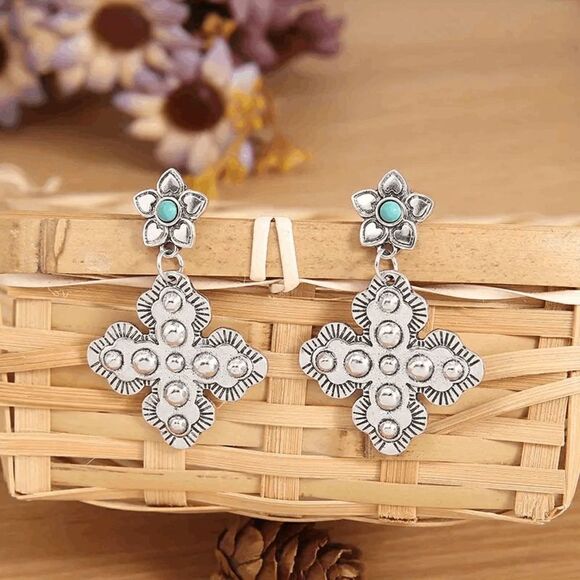 Western Flower Cross Silver Plated Turquoise Dangle Earrings - Picture 4 of 6